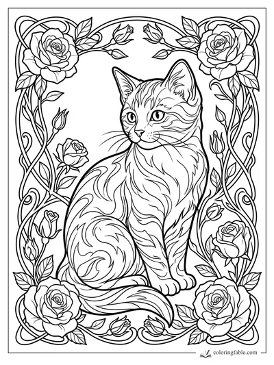 Intricate art nouveau kitten framed by climbing roses, buds, leaves, and curling vines
