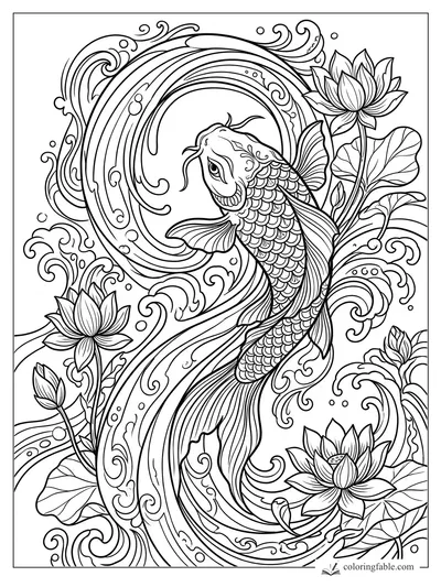 Intricate art nouveau koi fish with lotus flowers, lily pads, curling waves, and patterned scales.