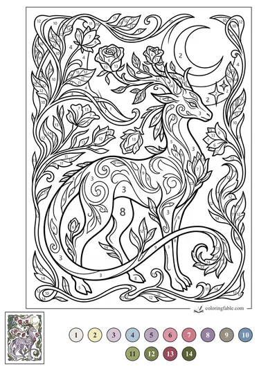 Art Nouveau Leaf-Horn Monster in a Moonlit Rose Garden — color by number