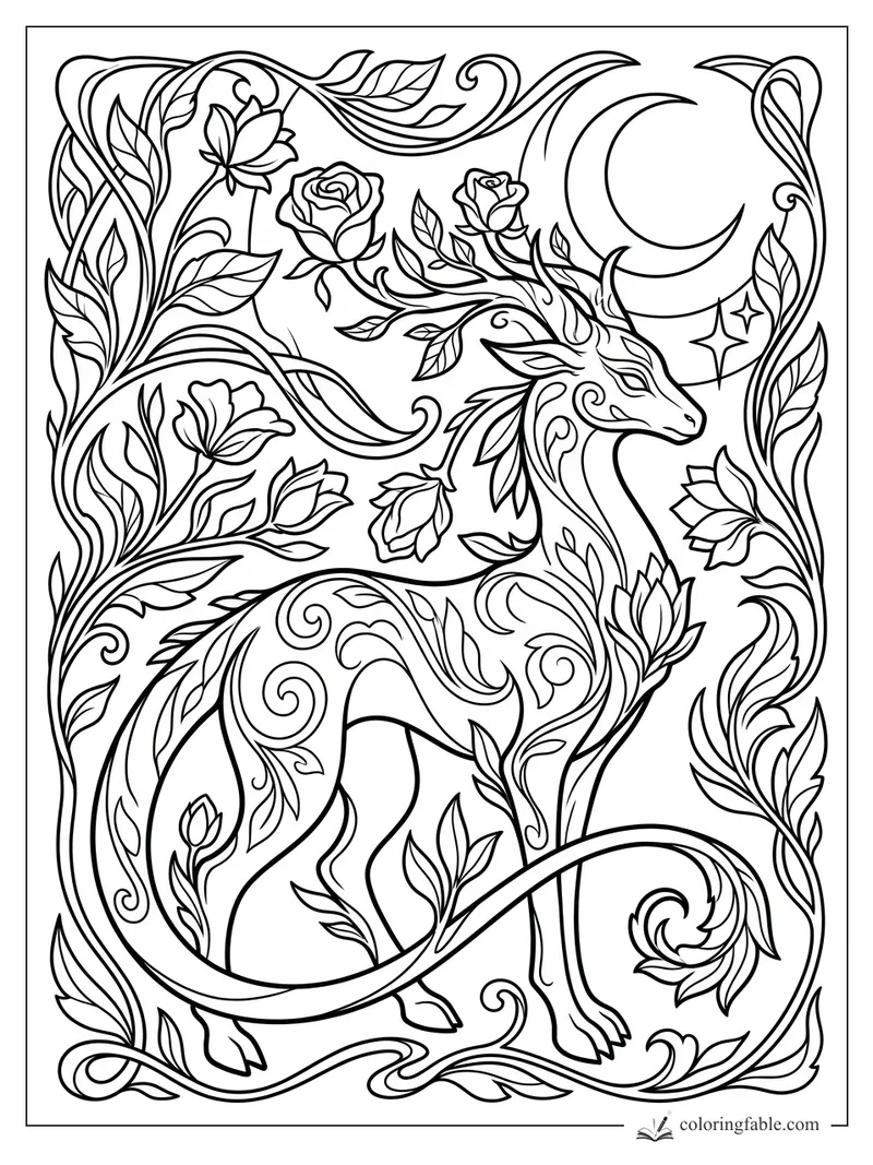 Art nouveau cute monster with leaf horns, curled tail, roses, vines, crescent moon, and stars