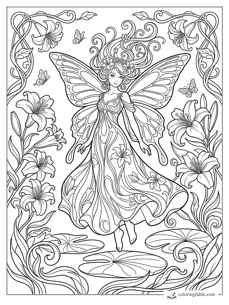 Anime lily fairy with butterfly wings, flowing hair, ornate lilies, butterflies, and lily pads in art nouveau style