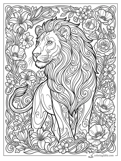 Intricate art nouveau lion with flowing mane, lilies, roses, poppies, leaves, and curling vines.