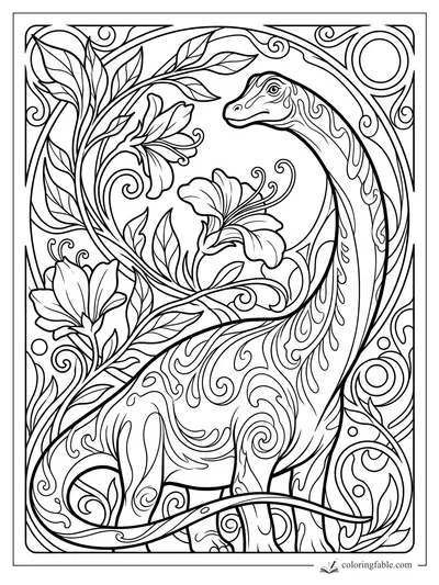 Art Nouveau long-neck dinosaur with swirling vines, lilies, leaves, and ornate border designs