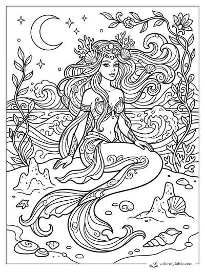 Intricate art nouveau mermaid with flowing hair, seashells, waves, sea plants, stars, and crescent moon