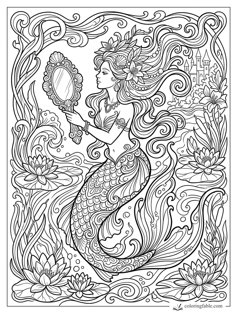 Intricate art nouveau mermaid holding an ornate mirror among water lilies, curling waves, pearls, and a castle.