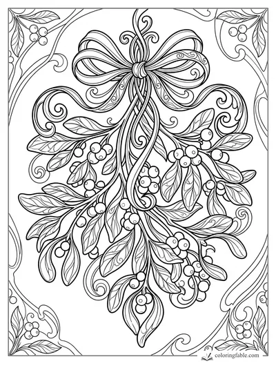 Intricate Art Nouveau mistletoe bundle with ribbon bow, berries, leaves, and swirling border
