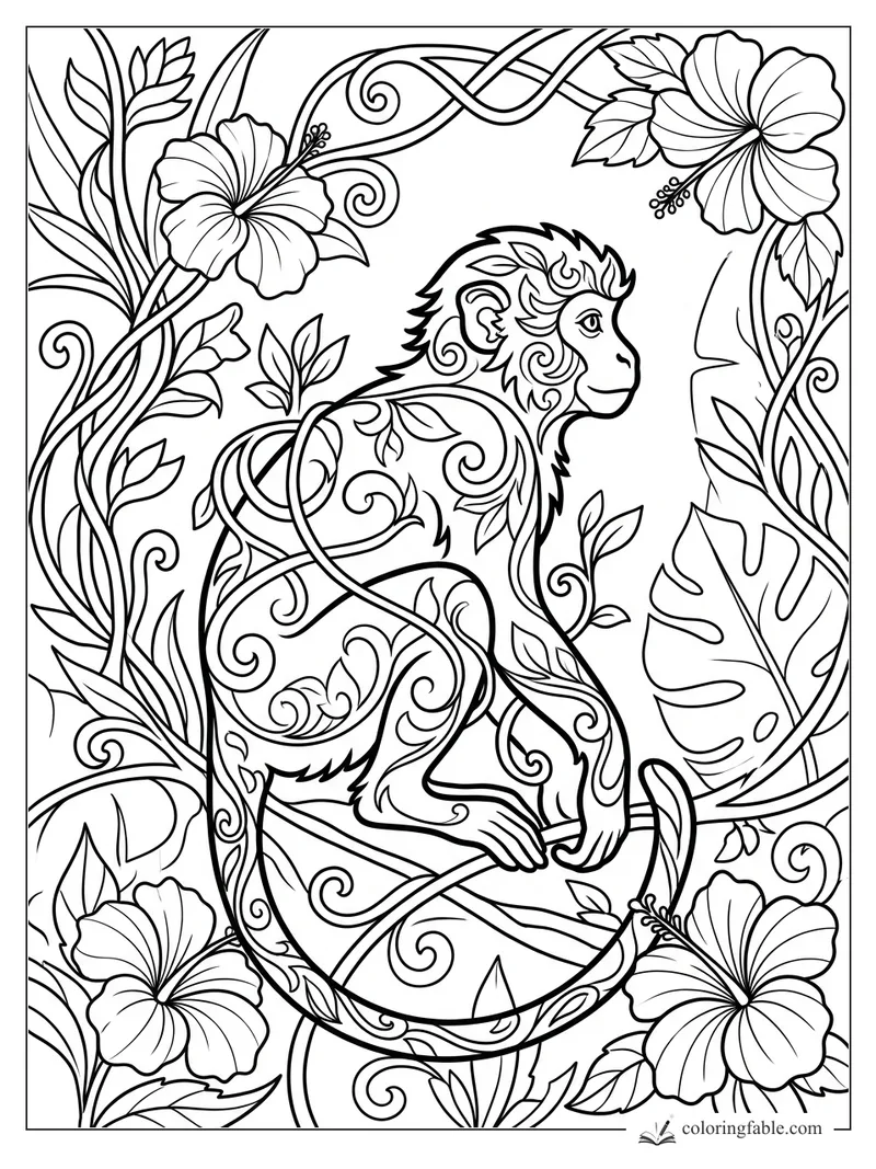 Intricate art nouveau monkey perched among curling vines, hibiscus flowers, and tropical leaves.