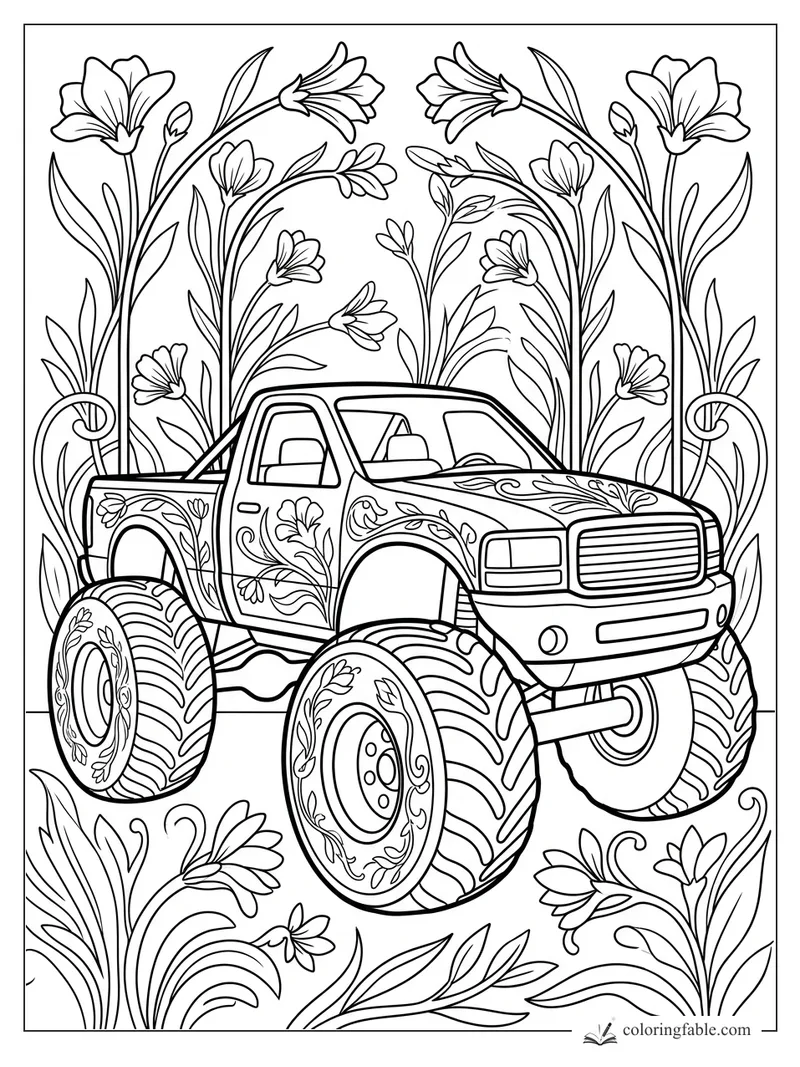 Art nouveau monster truck with floral decals, huge patterned tires, and tall lilies in the background.