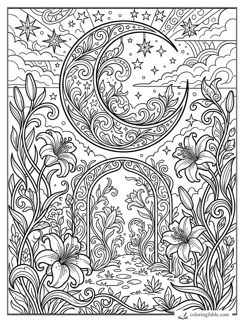 Intricate art nouveau crescent moon gate with lilies, curling vines, clouds, and stars