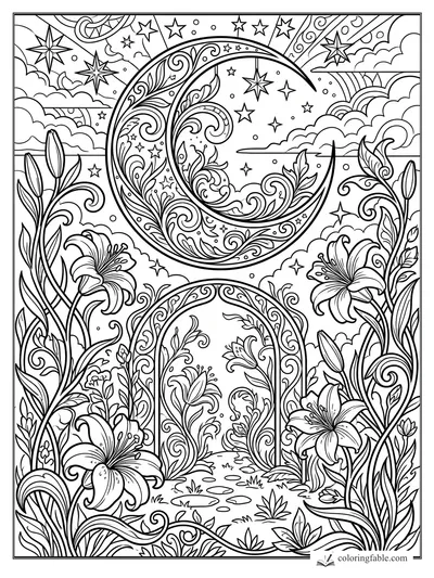 Intricate art nouveau crescent moon gate with lilies, curling vines, clouds, and stars