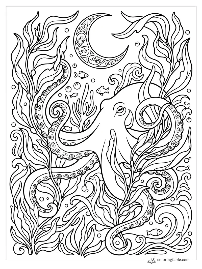 Intricate art nouveau octopus with curling tentacles, seaweed, fish, bubbles, and a patterned crescent moon.