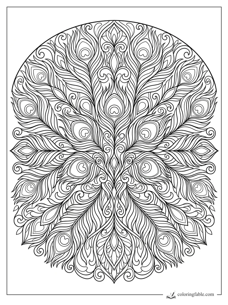 Intricate art nouveau mandala of peacock feathers with teardrop eyes, heart centers, and curling vines.