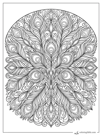 Intricate art nouveau mandala of peacock feathers with teardrop eyes, heart centers, and curling vines.