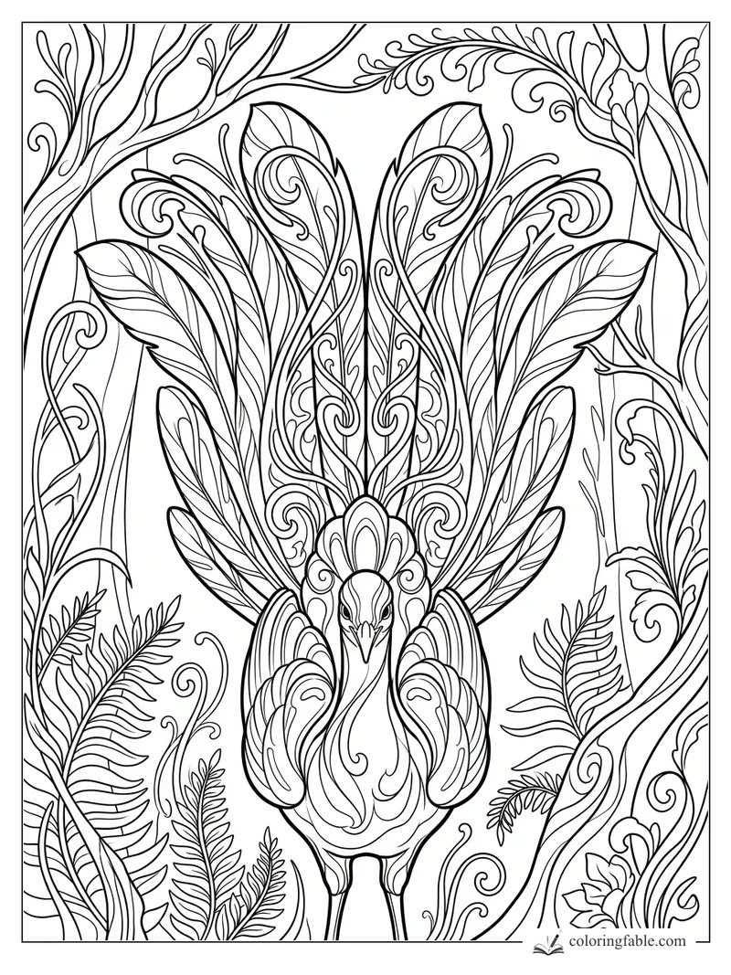 Intricate art nouveau peacock with raised tail feathers, curling vines, ferns, and large leaves.