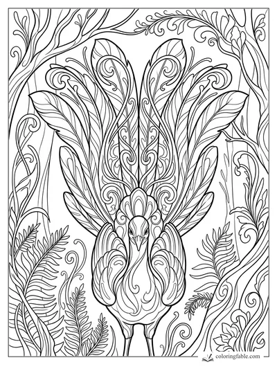 Intricate art nouveau peacock with raised tail feathers, curling vines, ferns, and large leaves.