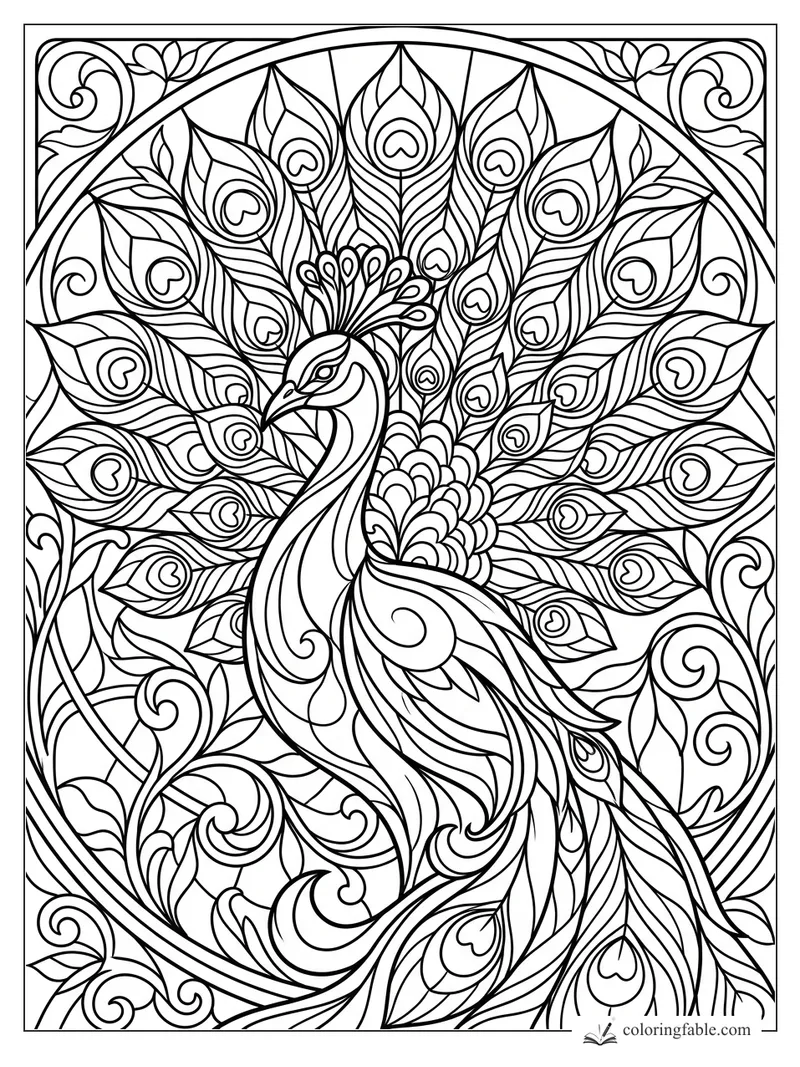 Intricate art nouveau stained glass peacock with fanned tail feathers, heart-shaped eyespots, and curling vines