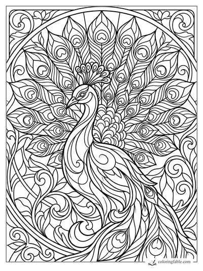 Intricate art nouveau stained glass peacock with fanned tail feathers, heart-shaped eyespots, and curling vines