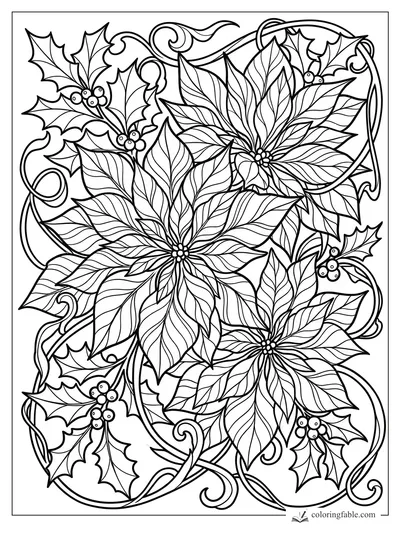 Intricate art nouveau poinsettias with holly berries, veined leaves, and curling ribbon scrolls.