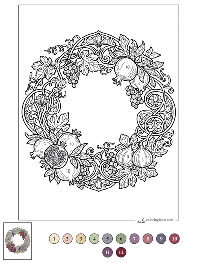 Art Nouveau Pomegranate, Fig, and Grape Wreath — color by number