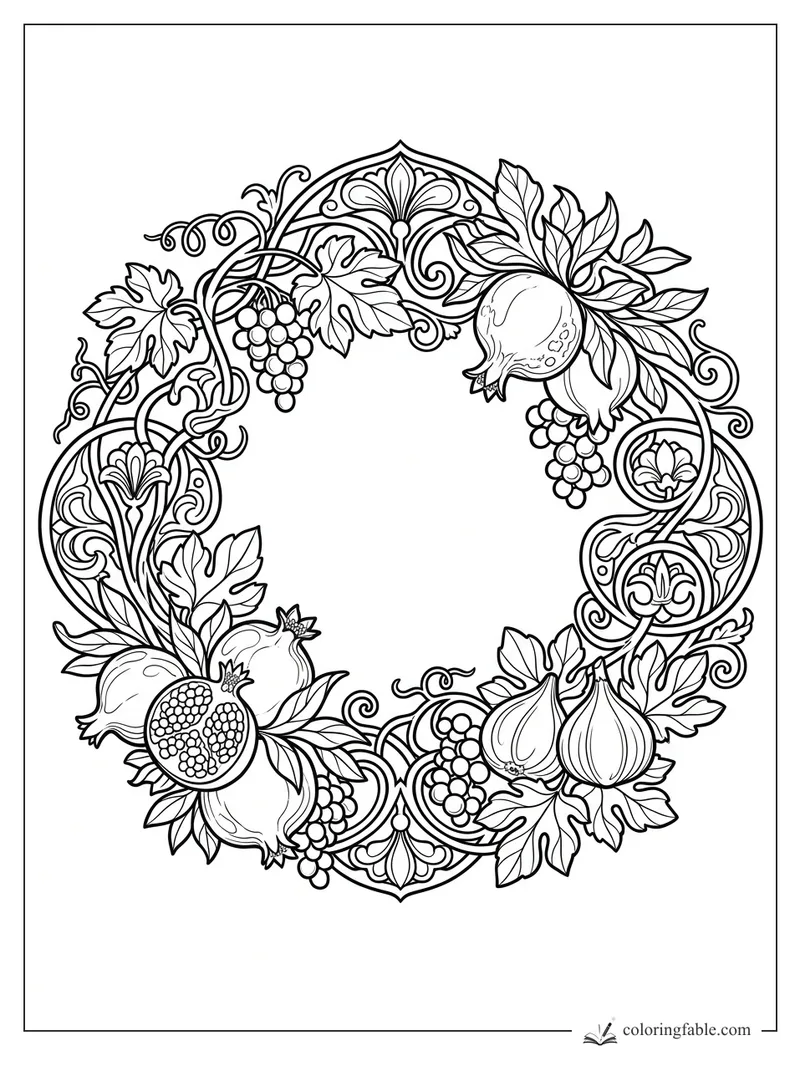Intricate art nouveau fruit wreath with pomegranates, figs, grapes, leaves, and swirling vine ornaments.