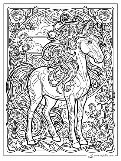 Intricate art nouveau pony with flowing mane, roses, curling vines, clouds, and arched trellis border.