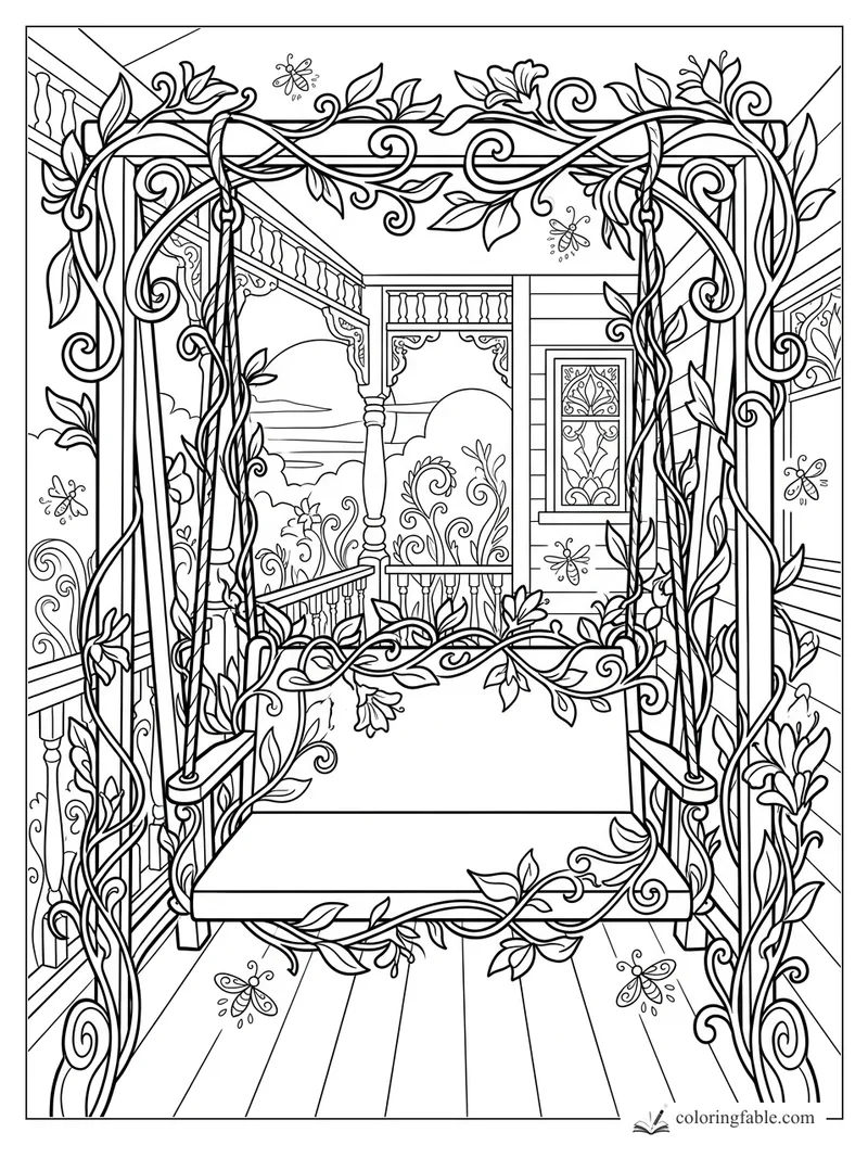 Intricate art nouveau porch swing with curling vines, flowers, railings, butterflies, and a summer view.