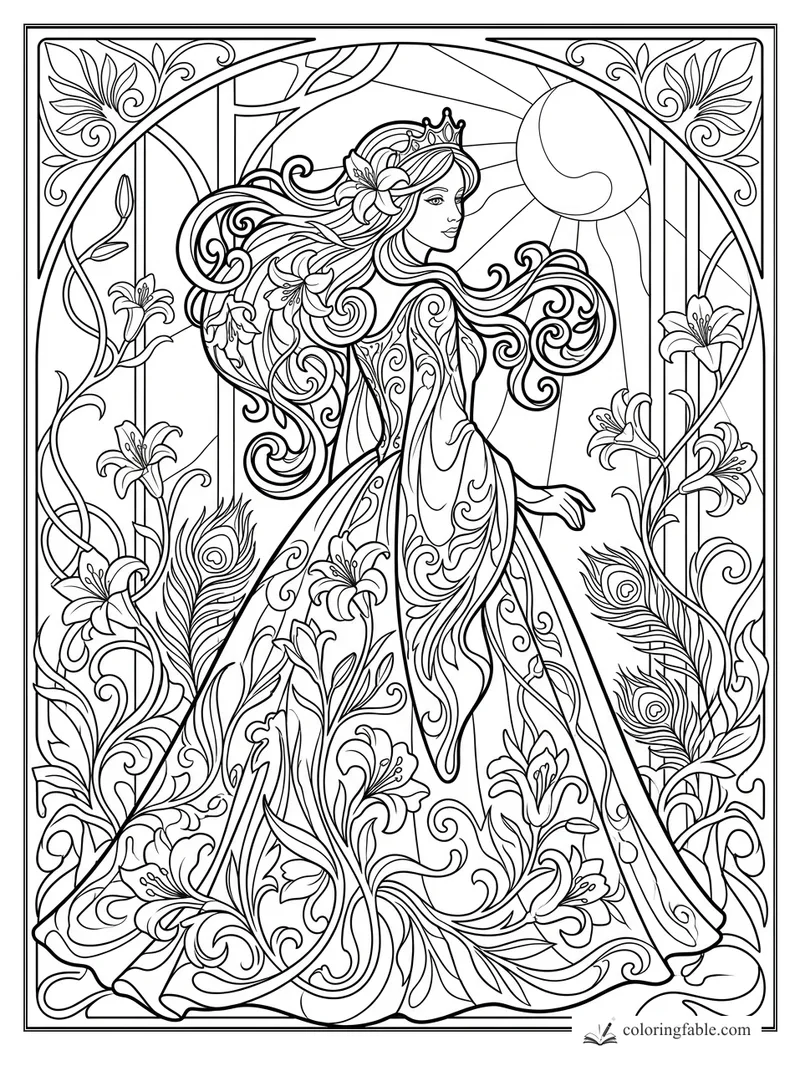 Intricate Art Nouveau princess with flowing hair, lilies, peacock feathers, and a crescent moon