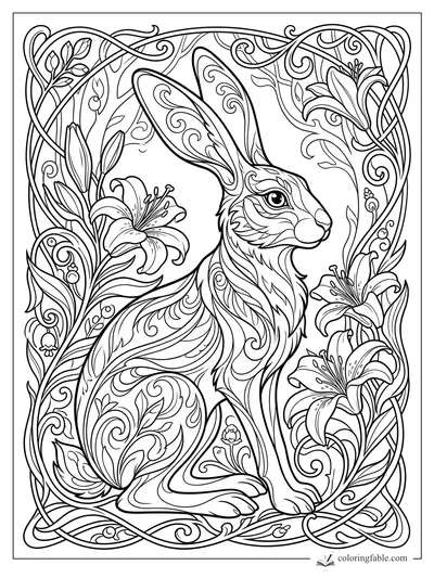 Intricate art nouveau rabbit with long ears, lilies, curling vines, and a woven border