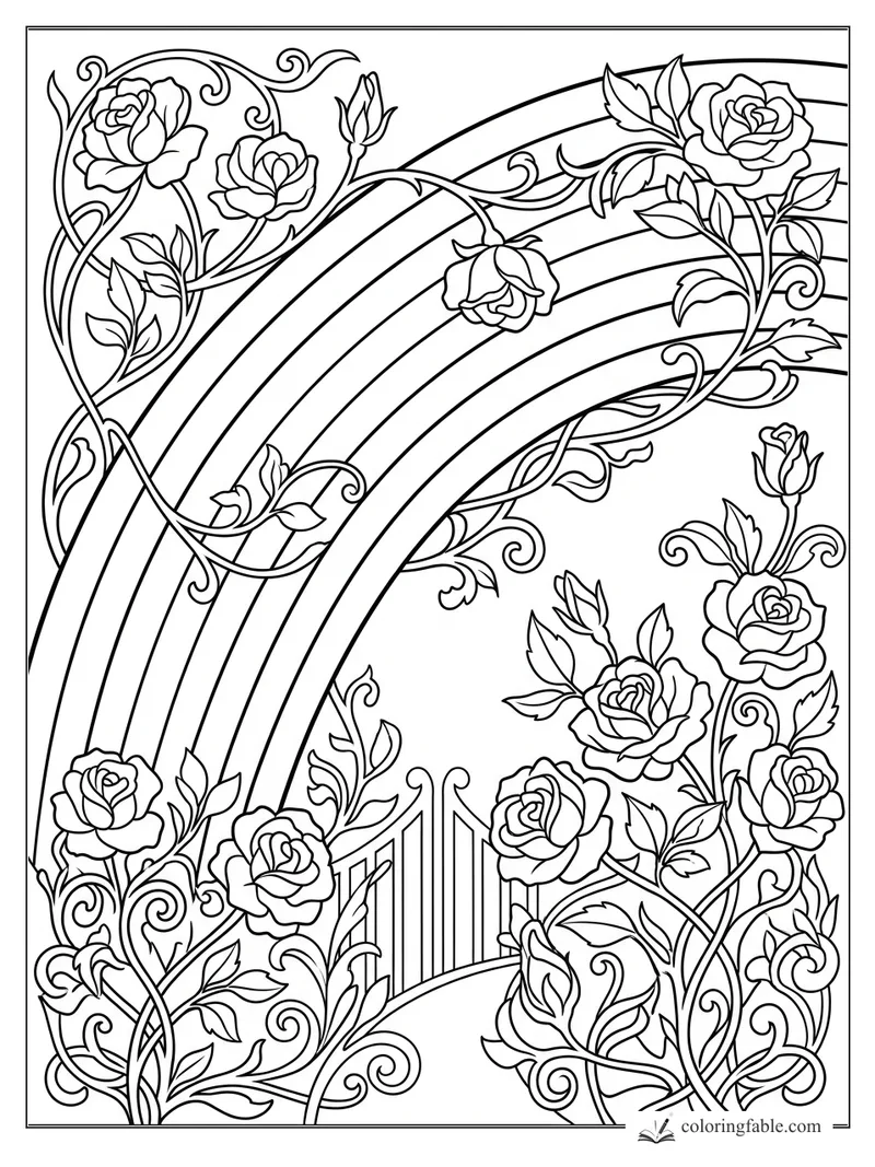 Intricate art nouveau rainbow with climbing roses, curling vines, and a small garden gate
