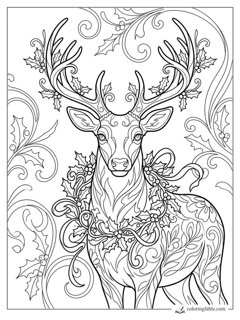 Intricate art nouveau reindeer with sweeping antlers, holly leaves, berries, and curling winter vines.