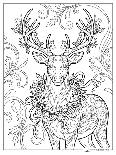Intricate art nouveau reindeer with sweeping antlers, holly leaves, berries, and curling winter vines.