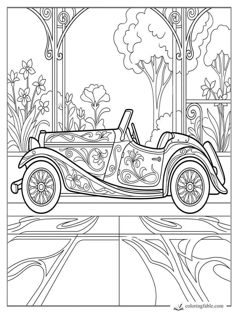 Intricate Art Nouveau convertible car with floral panels, spoked wheels, garden arches, trees, and tiled floor