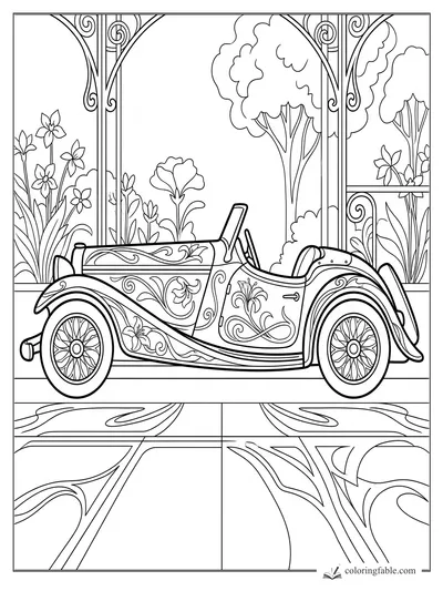 Intricate Art Nouveau convertible car with floral panels, spoked wheels, garden arches, trees, and tiled floor