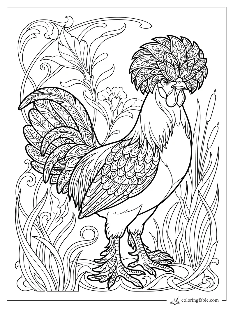Intricate art nouveau rooster with patterned crest, tail feathers, curling leaves, flowers, and cattails.