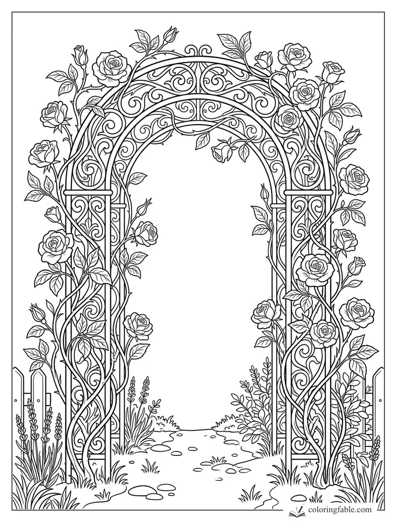 Art nouveau rose arch with curling ironwork, climbing roses, leafy vines, path, grass, and picket fence.