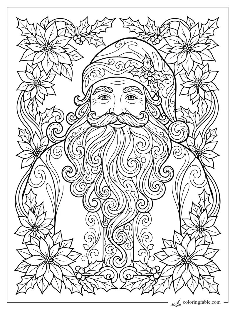 Intricate art nouveau Santa portrait with swirling beard, poinsettias, holly leaves, and berry clusters.