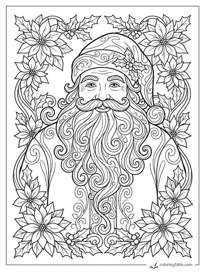 Intricate art nouveau Santa portrait with swirling beard, poinsettias, holly leaves, and berry clusters.