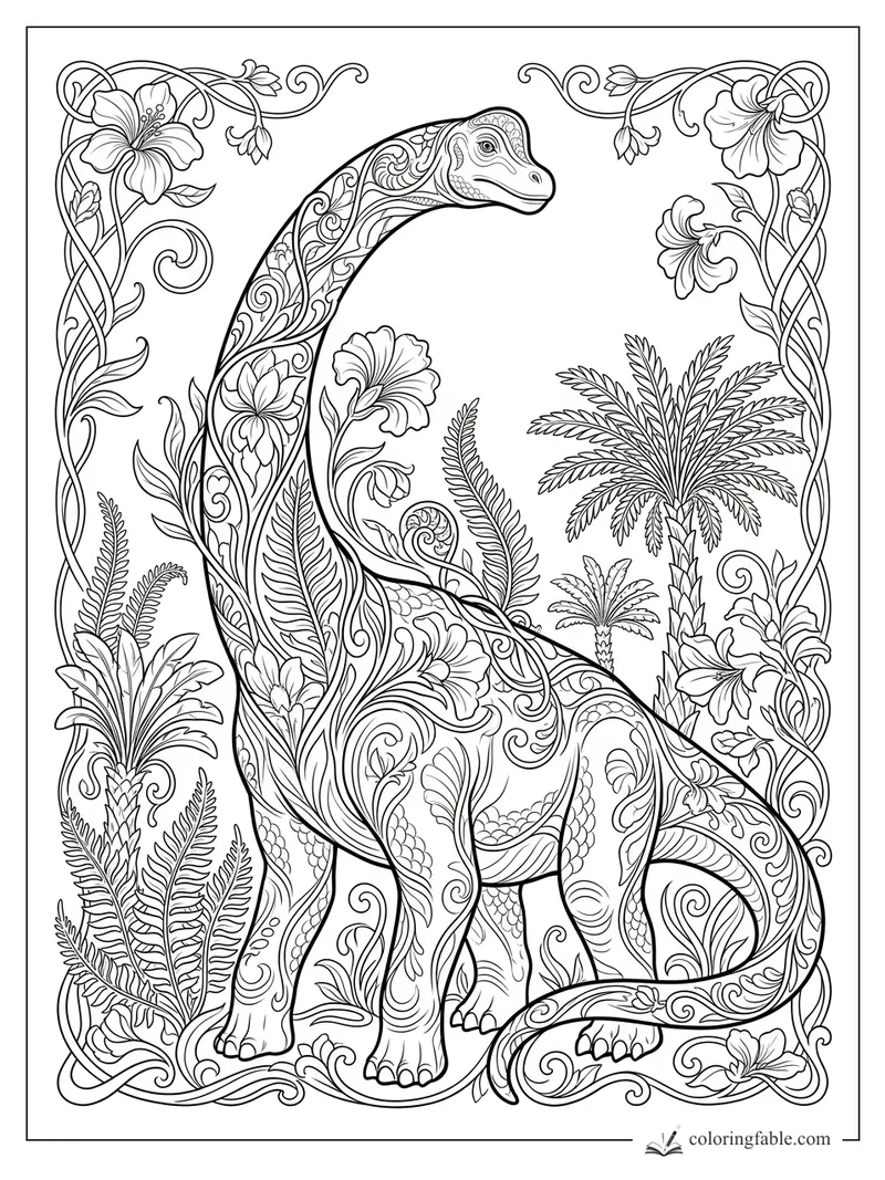 Intricate art nouveau sauropod with floral patterns, palms, ferns, and curling vine border