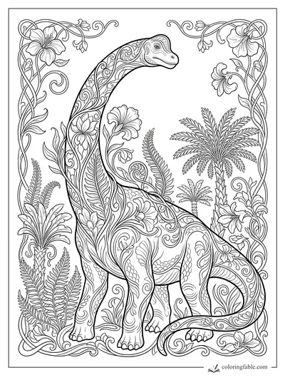 Intricate art nouveau sauropod with floral patterns, palms, ferns, and curling vine border