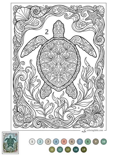 Art Nouveau Sea Turtle with Swirling Shell Border — color by number