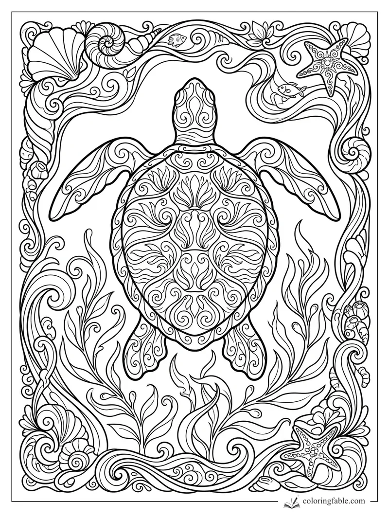 Intricate art nouveau sea turtle with patterned shell, flowing seaweed, starfish, shells, and small fish