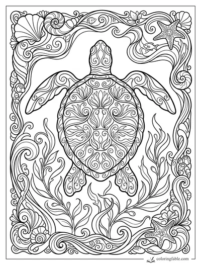 Intricate art nouveau sea turtle with patterned shell, flowing seaweed, starfish, shells, and small fish