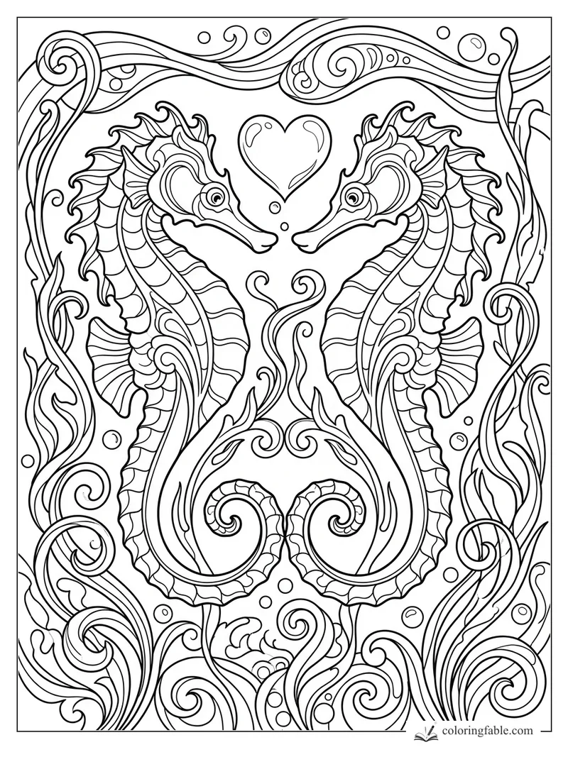 Intricate art nouveau coloring page of two seahorses facing a heart bubble among swirling seaweed.
