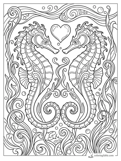 Intricate art nouveau coloring page of two seahorses facing a heart bubble among swirling seaweed.