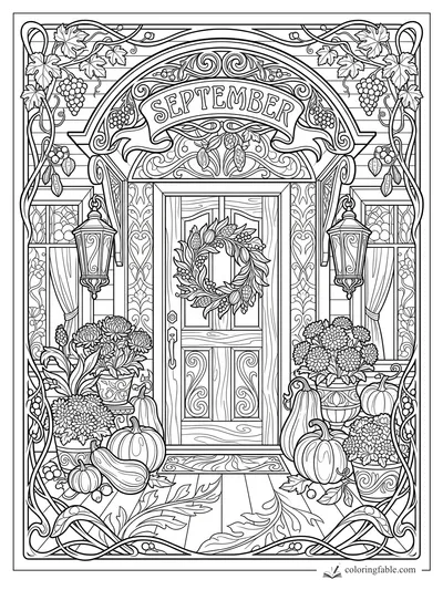 Intricate art nouveau September doorway with pumpkins, grapevines, lanterns, wreath, flowers, and scrolling vines.