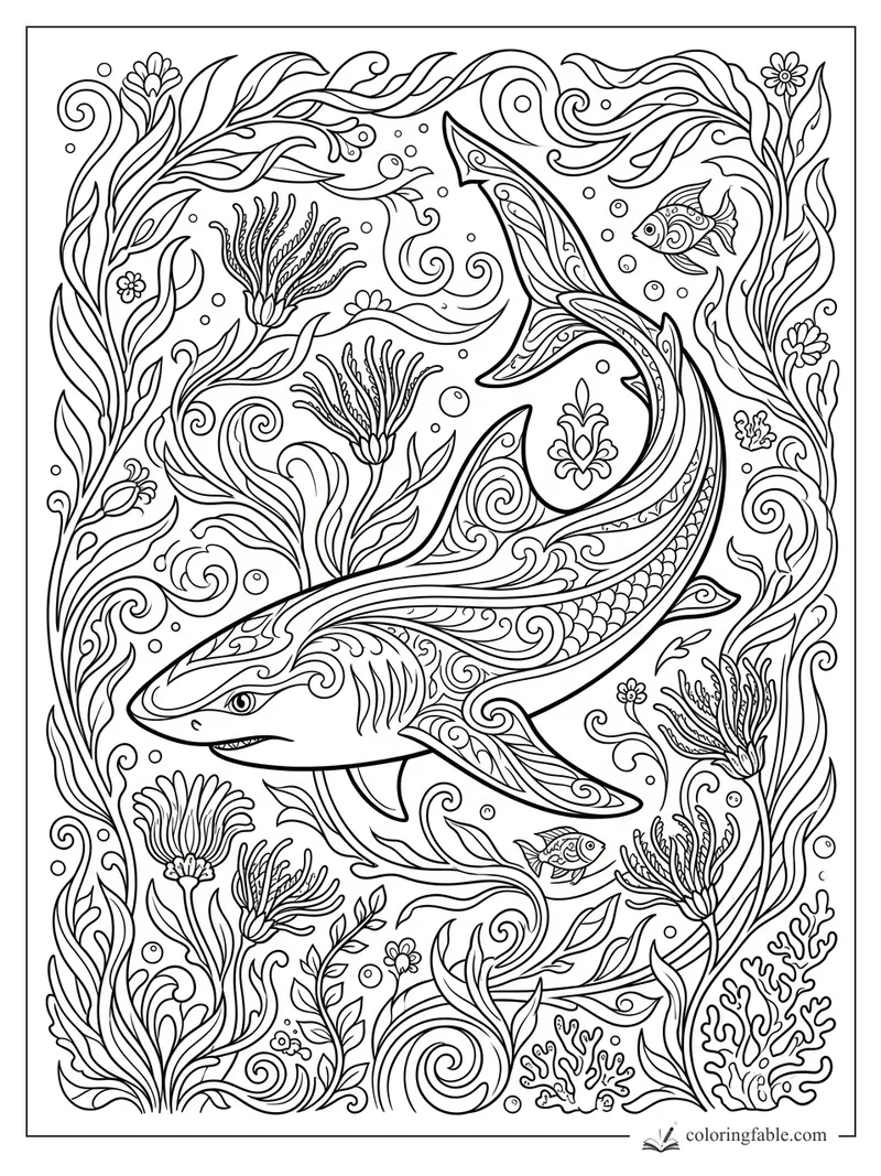 Intricate art nouveau shark with patterned fins, small fish, bubbles, seaweed, coral, and curling ocean vines.