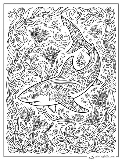 Intricate art nouveau shark with patterned fins, small fish, bubbles, seaweed, coral, and curling ocean vines.