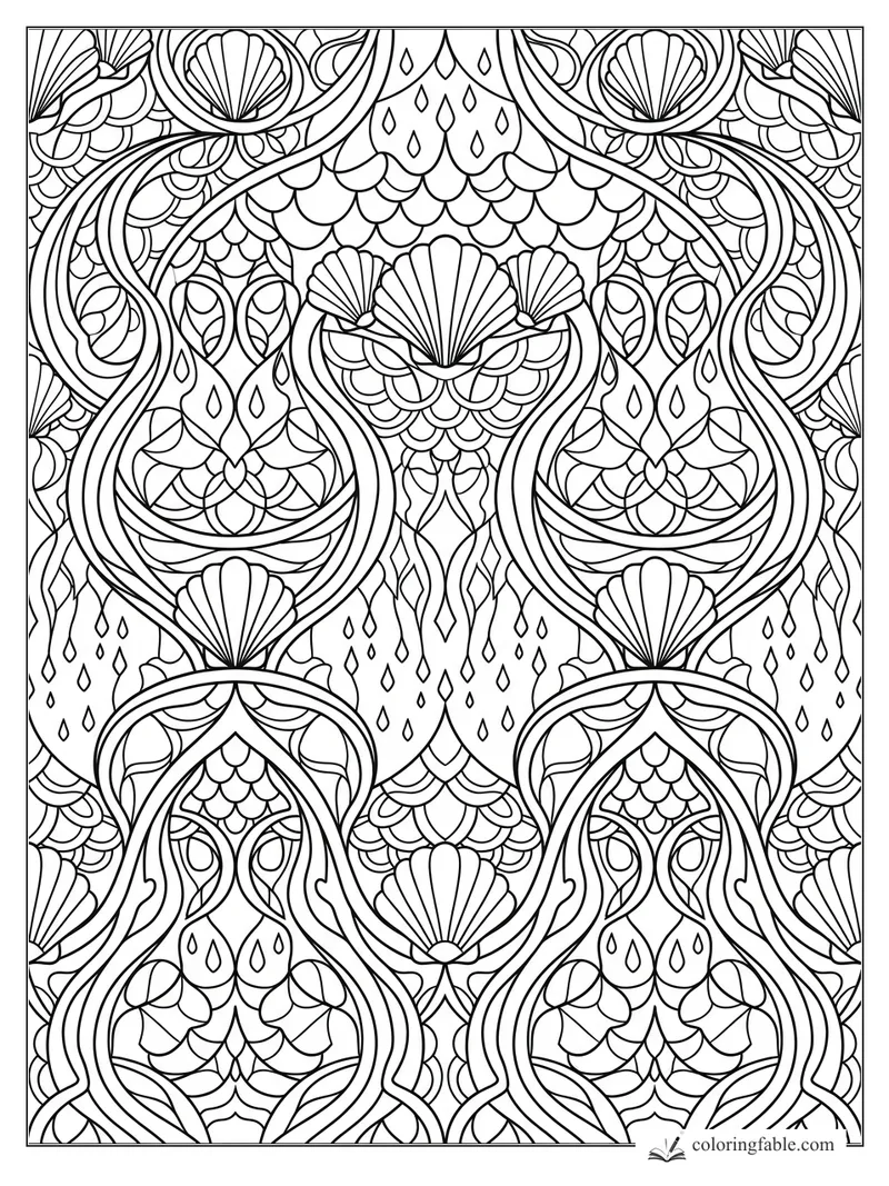 Intricate art nouveau coloring page with scallop shells, curling vines, teardrops, and scale-like arches.