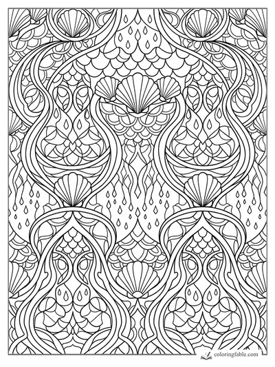 Intricate art nouveau coloring page with scallop shells, curling vines, teardrops, and scale-like arches.