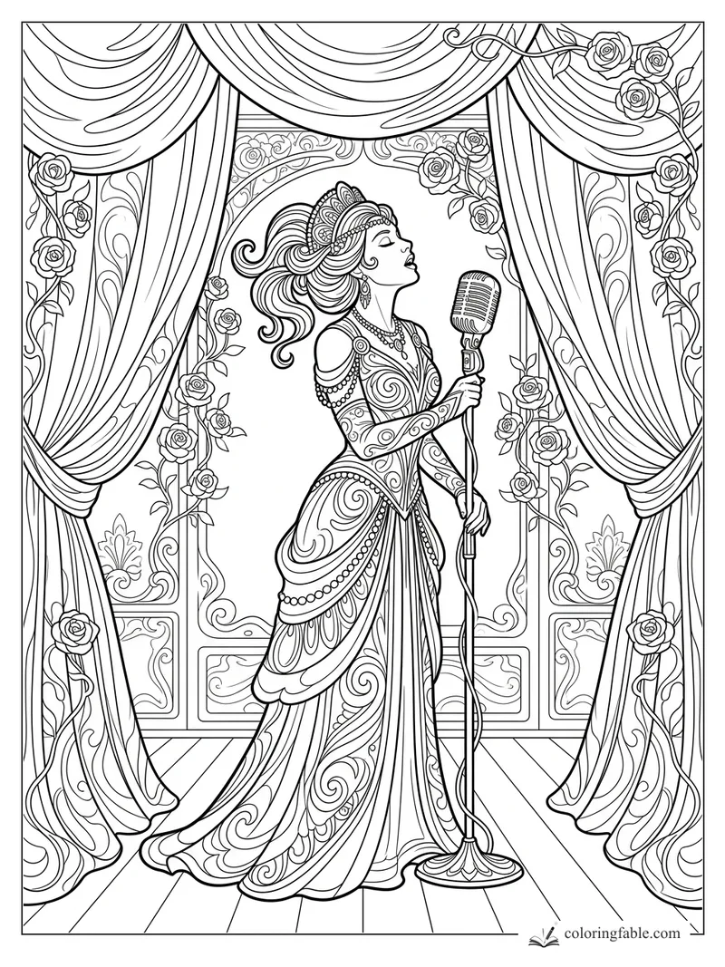 Intricate art nouveau singer holding a vintage microphone between rose vines and draped theater curtains